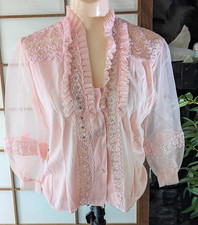 Vintage Mark Lee Originals Pink Pajama Top Ruffles Rhinestones Sz M READ