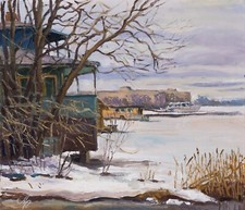 Paesaggio invernale all'aperto quadro olio arte originale 35x30cm tela su cartone 