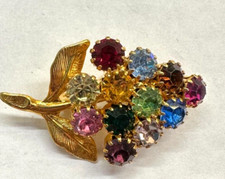 Flower Bouquet Colored Rhinestone Uranium Glas JULIANA Vintage Brooch Gold J-285