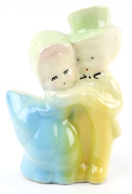 VINTAGE PORCELAIN PLANTER SMALL PLANT POT BOWL BOY & GIRL DANCING GREEN TOP HAT