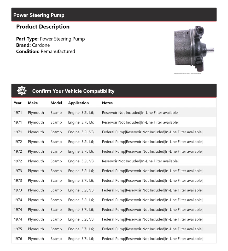 Bomba de dirección asistida Cardone 1972 1973 1974 1975 para Plymouth Scamp 1971-1976 Foto 2 de 4