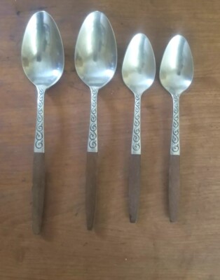4 Spoons Interpur Canoe Wood Muffin Handle Stainless Japan Flatware VTG MCM