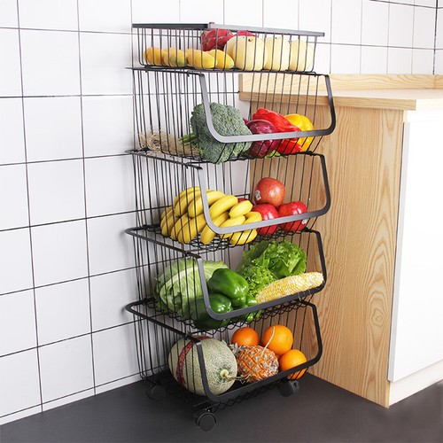 STORAGE STACKING WIRE BASKET STACKABLE SHELVES VEGETABLE FOOD KITCHEN RACK WHEEL - Picture 32 of 43