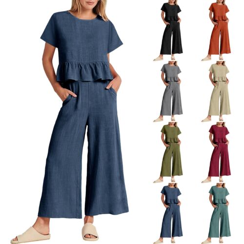 Women's Summer 2 Piece Outfits Short Sleeve Linen Tops Long Pants Tracksuits Set