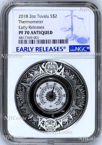 2018 P Tuvalu Thermometer HIGH RELIEF ANTIQUED 2 Oz Silver $2 COIN NGC PF70 ER