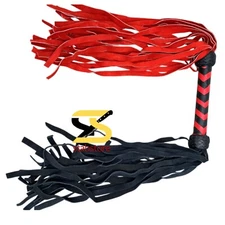 Double-Ended Leather Flogger Whip Black & Red 50 Tails Heavy-Duty Cowhide