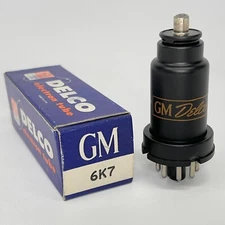 (1) Tested GM Delco 6K7 Tube with Box Remote Cut Off Pentode Metal Vacuum Tube