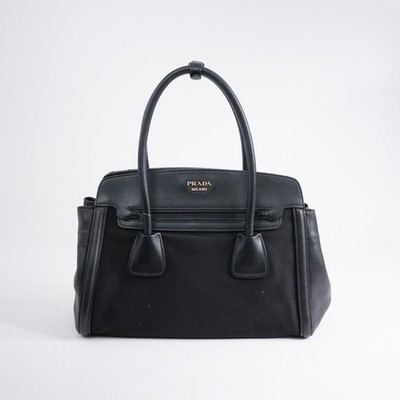 Prada Esplanade Black Canvas Saffiano Leather Front Pocket Tote Handbag
