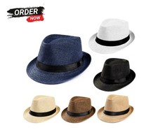 Men Women Summer Straw Fedora Hat Trilby Cuban Sun Cap Panama Short Brim Floral