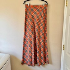 Vintage Deadstock 70s Orange Grey Plaid Maxi Skirt prep academic nwt