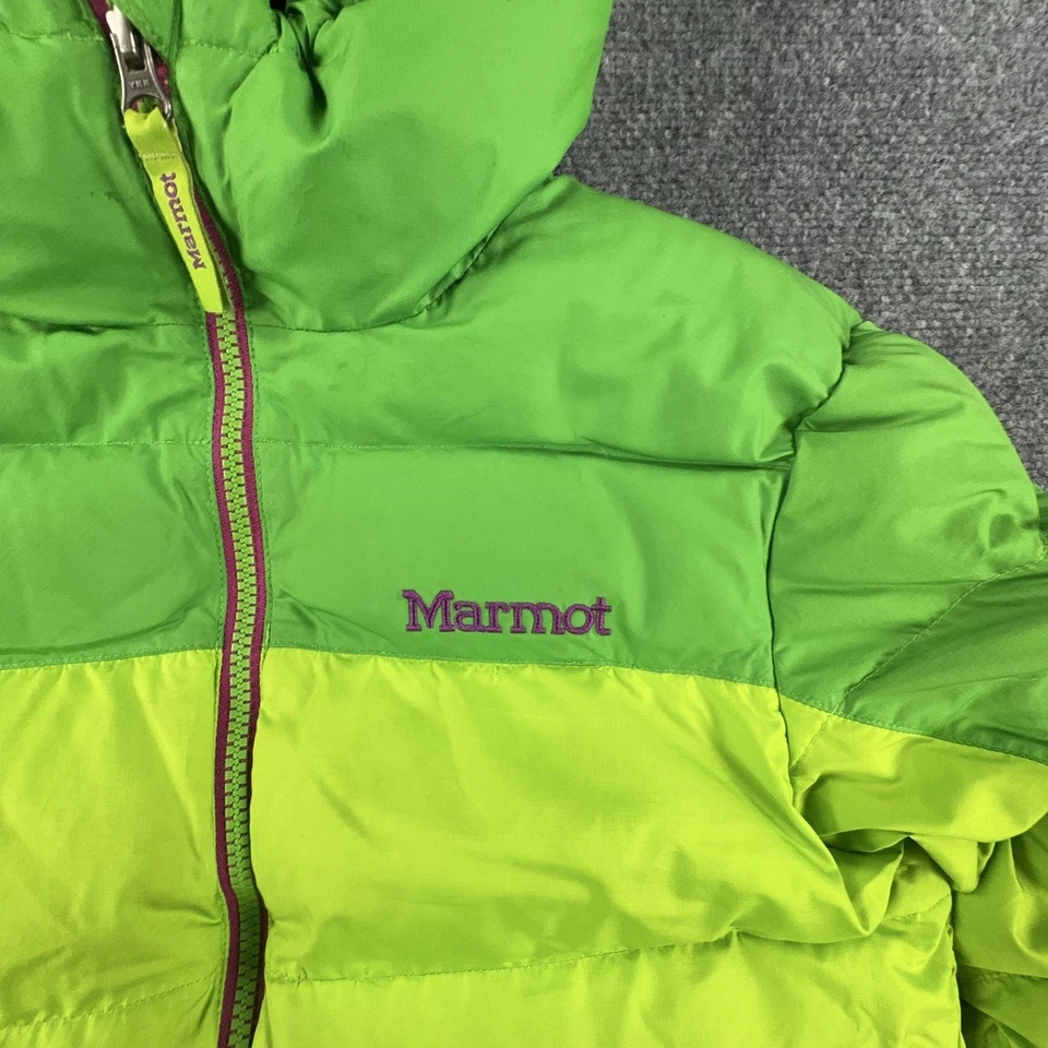 Marmot Jacket Girls Medium Green Purple Hooded Puffer 700 Fill Insulated Winter - Image 4 of 4