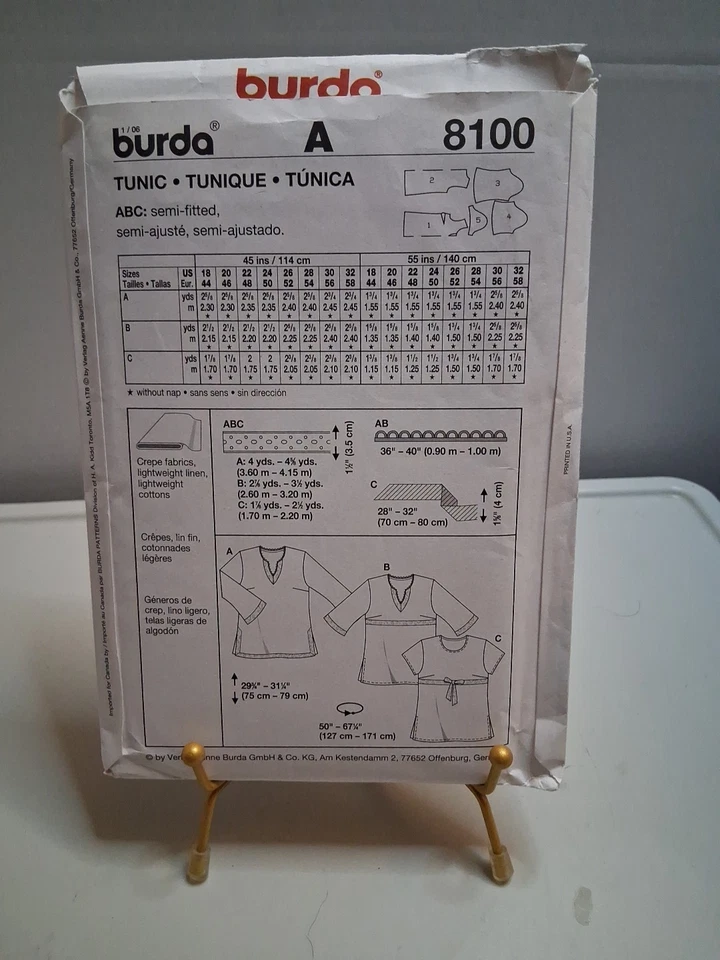 Burda Pattern 8100 Tunic Top Shirt Blouse Sizes 18 20 22 24 26 28 30 32 UNCUT - Image 2 of 2