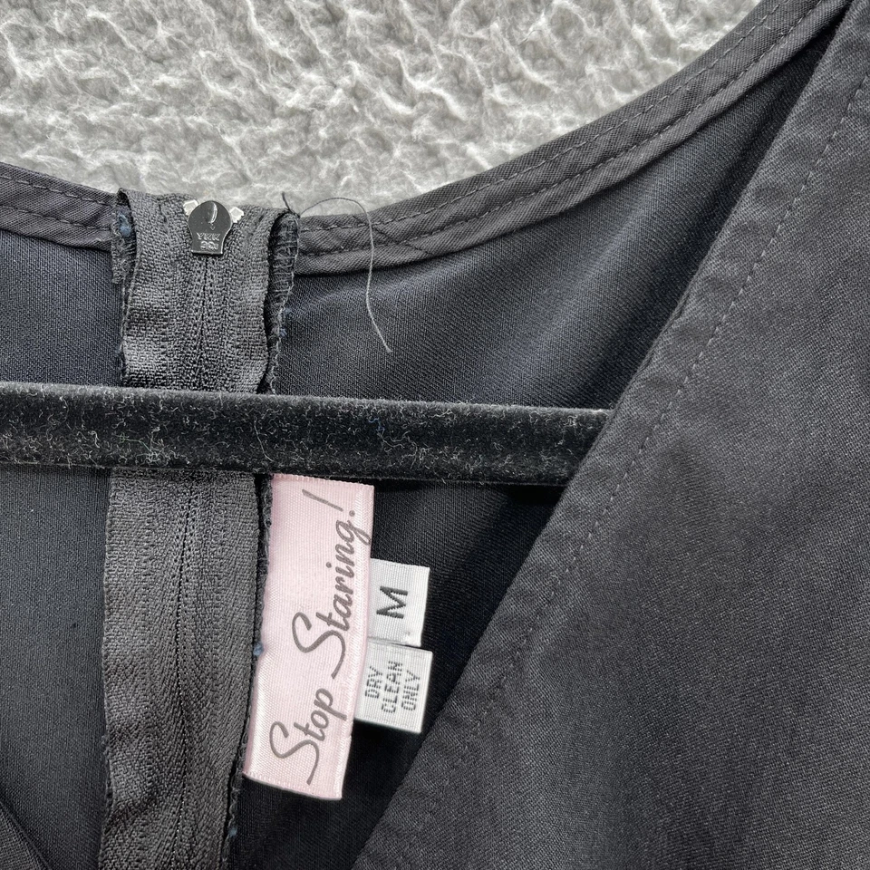 Vestido Stop Staring Para Mujer Mediano Negro Imitación Envolvente Manga Acanalada Hecho en EE. UU. Foto 3 de 4