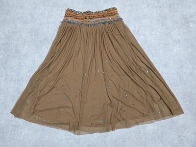 Basil & Maude Skirt 10 Tan Maxi Boho Beaded Sequin Embellished Y2K Hippie Fairy