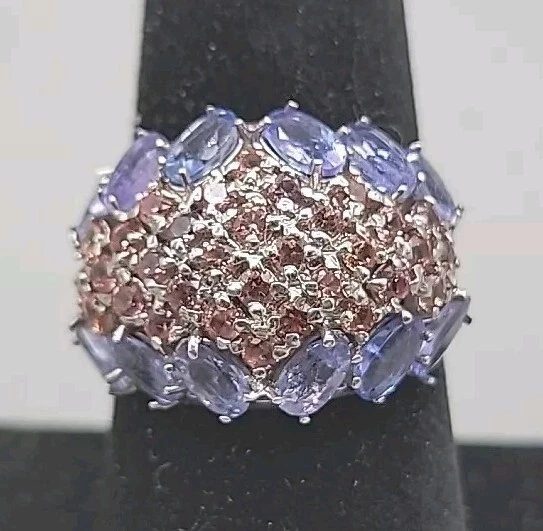 Anillo de plata de ley con zafiro rosa tanzanita azul talla 8 banda ancha abovedada 925 Foto 4 de 4