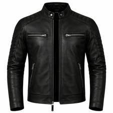 Men  s Black Genuine Leather Biker Jacket   Quilted Shoulder Design, Stand Collar