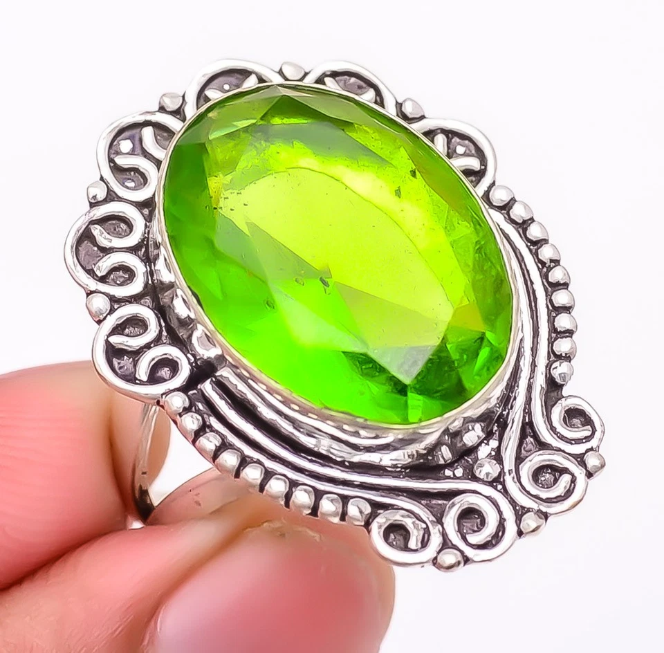Burmese Peridot Gemstone Silver Plated Jewelry Ring s.9 F2669 - Image 2 of 4