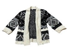 Vintage Nordic Fair Isle Cardigan Sweater L Black Cream Ski Lodge Grandpa 80s
