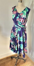 XLNT SZ 14W Tahari Navy Blue Tropical Floral V-Neck Sleeveless Wrap Fit & Flare