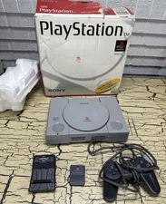 VTG Sony PlayStation PS1 Console 1 Controller Memory Card Gameshark Pro Box Lot