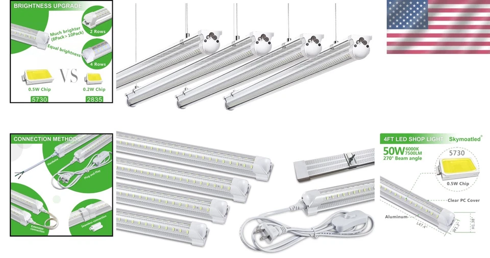UL Certified 8-Pack 50W Linkable LED Lights - Hang or Surface Mount for Garages - Image 2 of 4