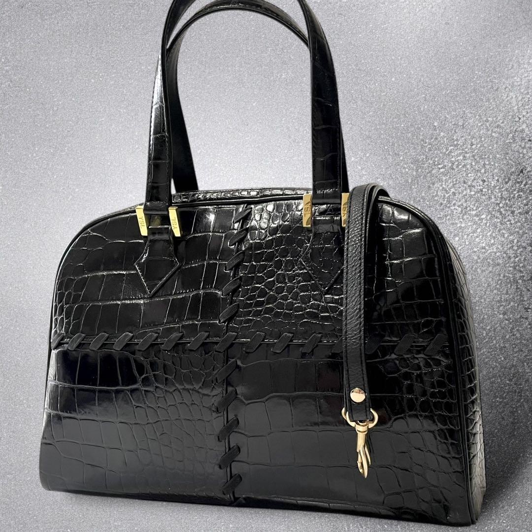 Borsa a mano Yves Saint Laurent a 2 vie in coccodrillo goffrato con spalla Ysl