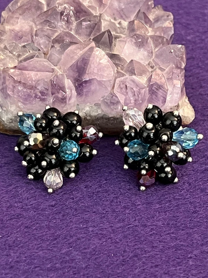 "Hermosos pendientes Joan Rivers diamantes de imitación azules y grises redondos de 1""" Foto 2 de 4