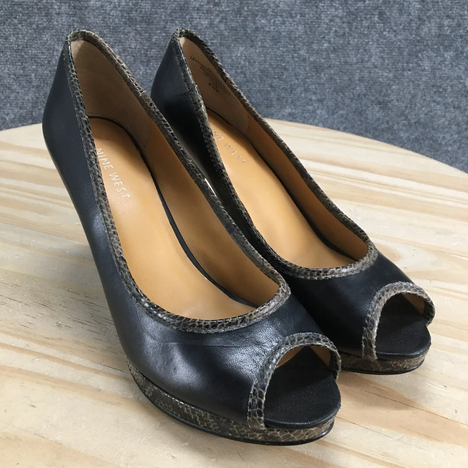 Nine West Shoes Womens 6.5M Black Chassy Slip On Peep Toe Snake Print Leather - Image 3 of 4