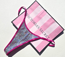 VICTORIA'S SECRET PINK Wink High Leg Thong Panty M Medium Silver Sequin Hot Pink