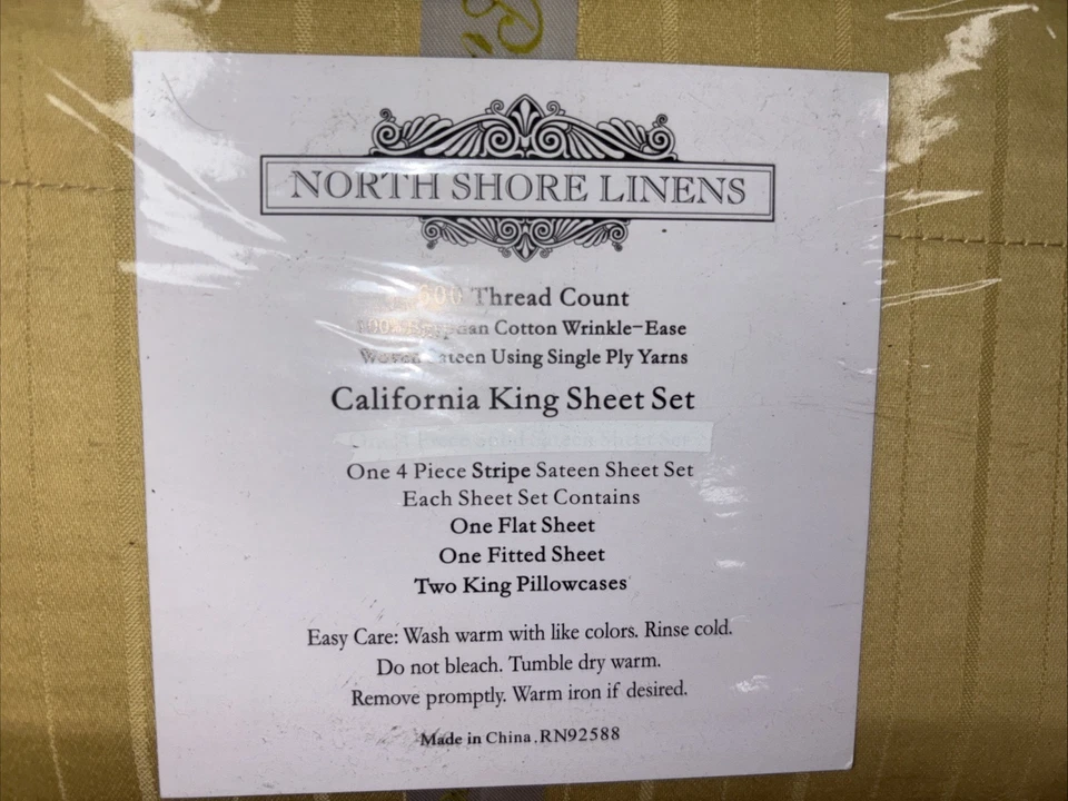 CAL KING SHEET SET NORTH SHORE LINENS 600 Count Egyptian Cotton GOLD PINSTRIPE - Image 2 of 3
