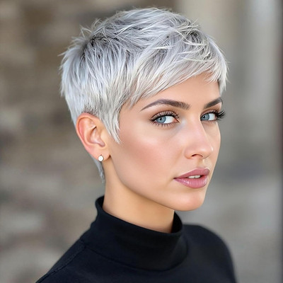 Platinum Pixie Cut Synthetic Wig, Short Silver Gray Hair, Textured Layered Style