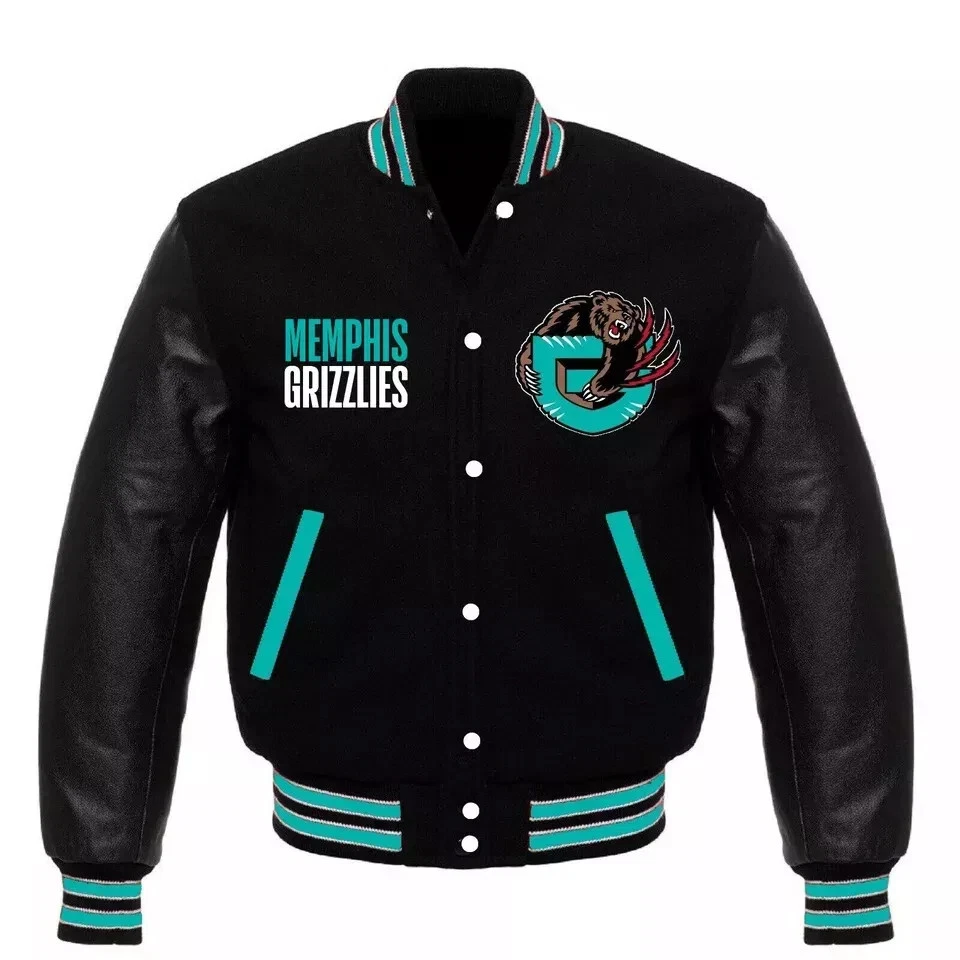 Memphis Grizzlies Black Varsity Jacket – Black Wool & Leather Bomber Style Coat
