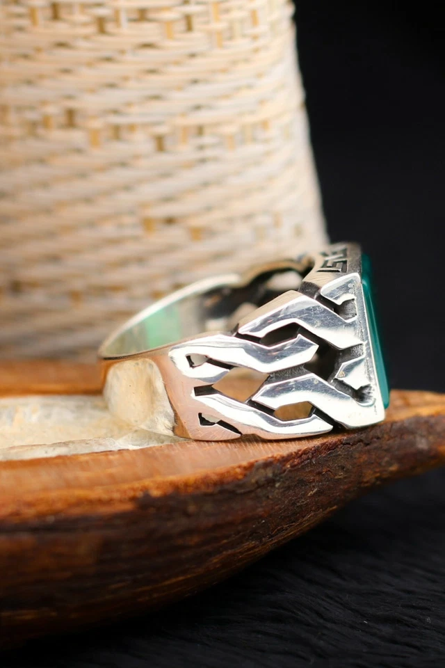 Anillo de hombre de plata de ley 925 maciza con diseño de tejido de piedra de jade Foto 3 de 3