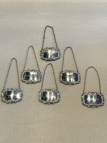 Vintage Set of Six Sterling Silver Liquor Bottle Tags