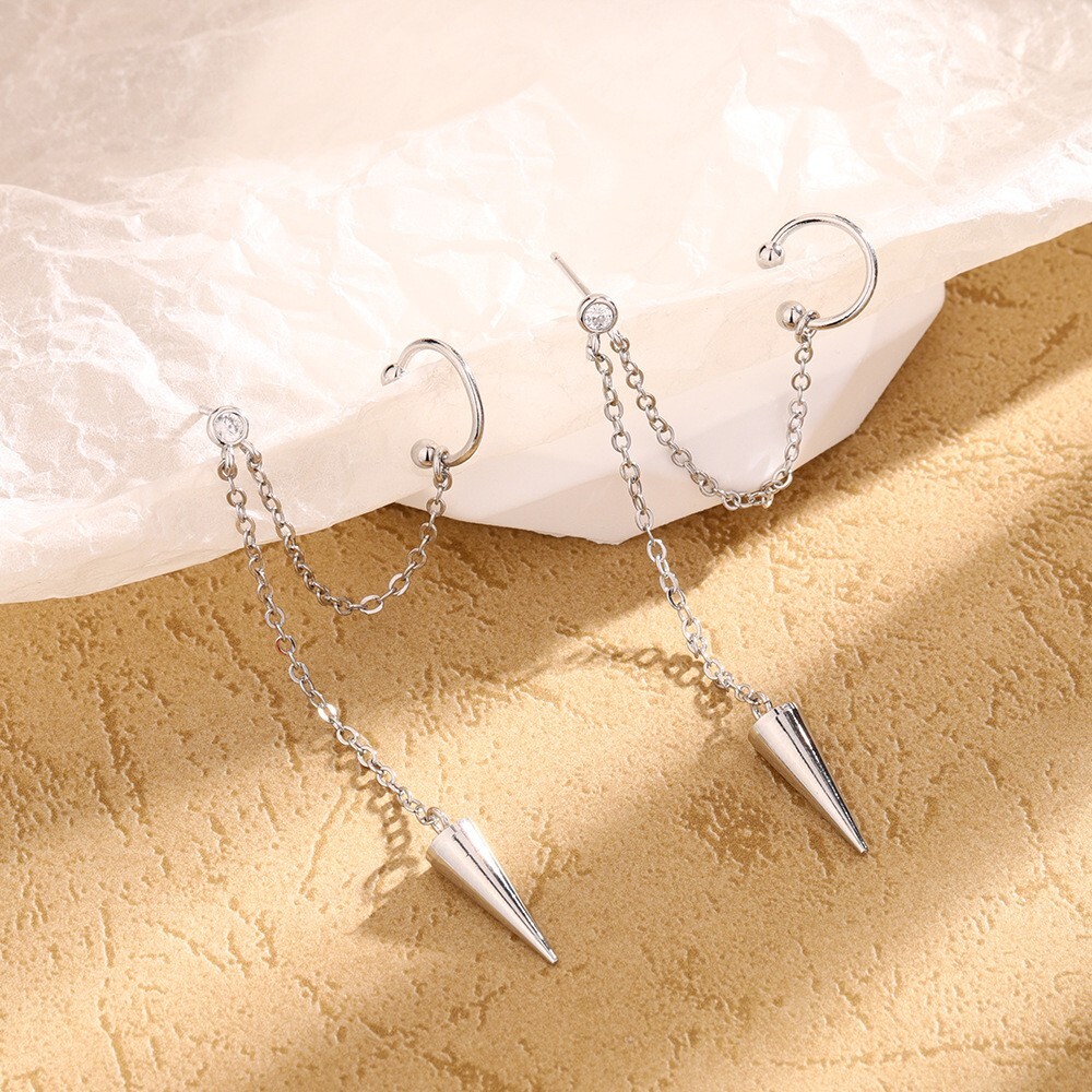 1Pc Punk Rock Rivets Chain Tassel Dangle Ear Stud Cuff Earrings Eardrop S1