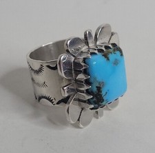 Kingman Turquoise Solid Sterling Silver Ring Size 8-1/2 17.7g Signed