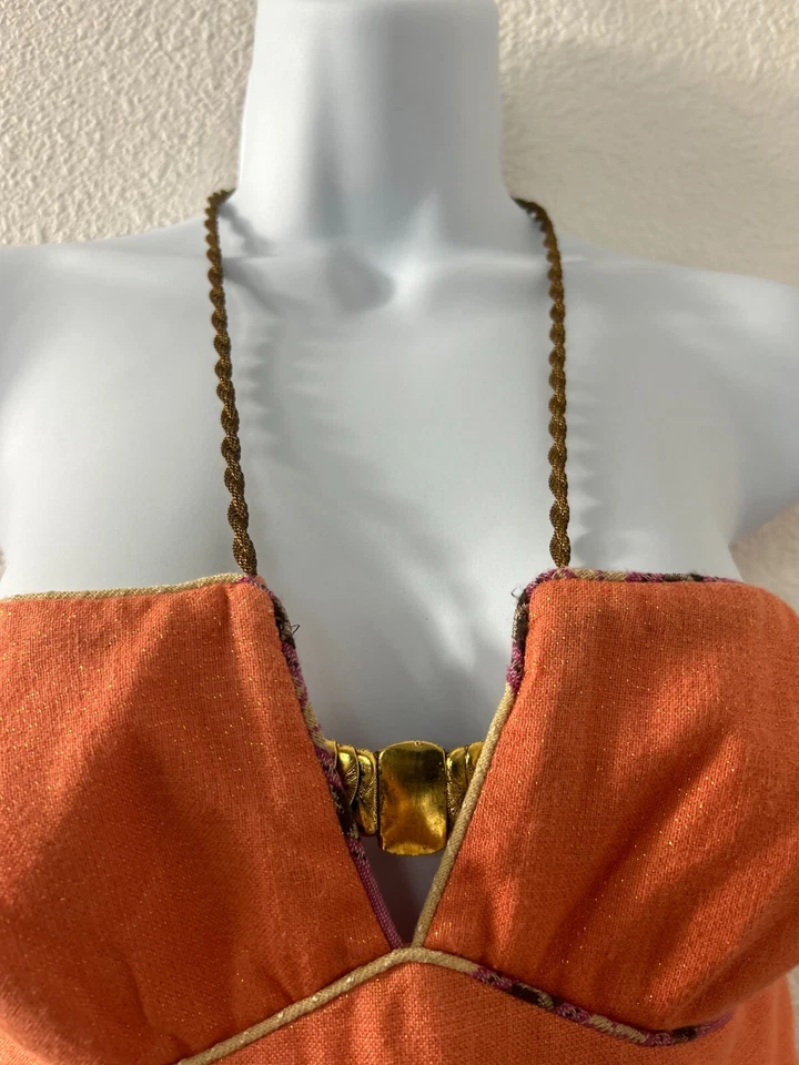 Vestido Lauren Moffatt Anthropologie Rojo Naranja Lino Seda Cuero Halter Joya 4 Foto 4 de 4