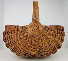 Vintage Primitive Woven Wood Splint Large Round Buttocks Wicker Gathering Basket