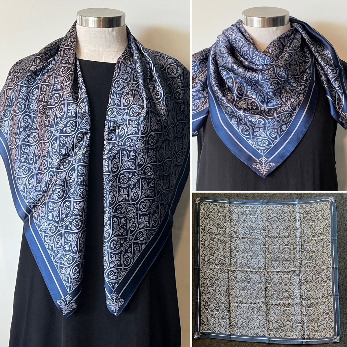 TAIPEI MEDICAL UNIVERSITY NWOT Navy/Silver 100% Silk Satin Scarf