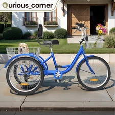 24" 3 Wheels Bike Trike Tricycle 7 Speeds for Adult w/ Removable Basket Blue