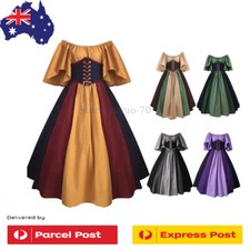 Women Medieval Renaissance Elegant Dress Stitching Color Retro Cosplay Costume