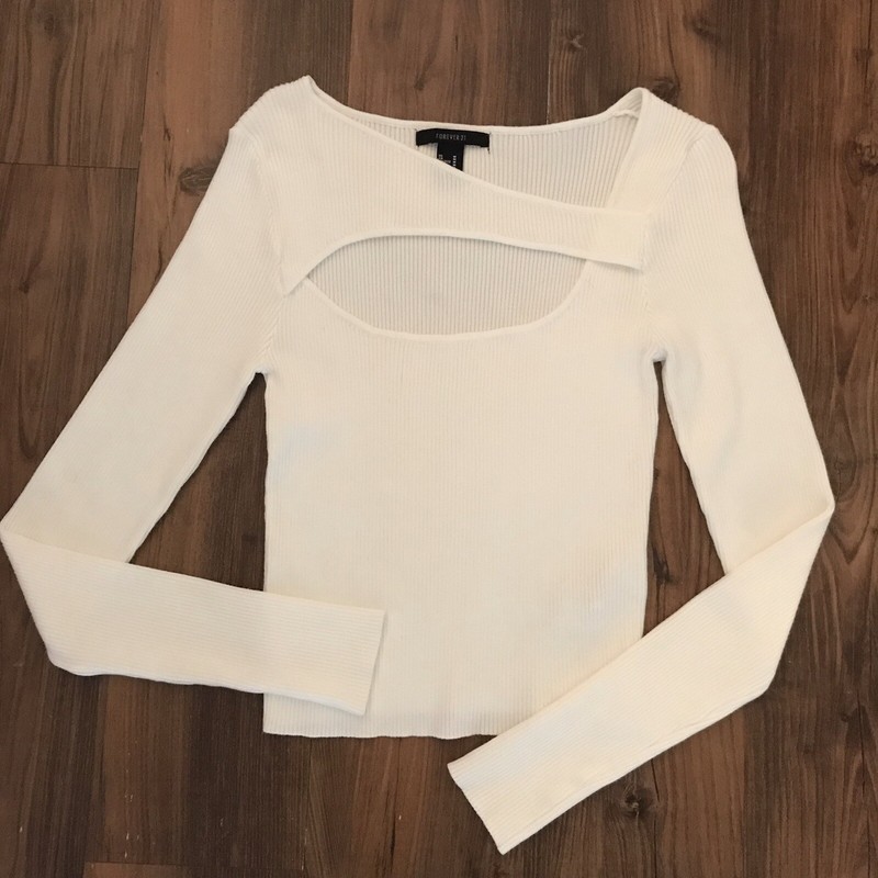Forever 21 White Ribbed Square / Boat Neck Cutout Long Sleeve Cropped Shirt M