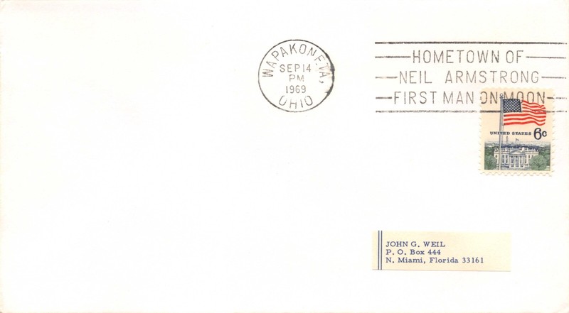 APOLLO 12 9/14/69 LAUNCH DAY, NOCACHET- WAPAKONETA CANCEL  6c WH FLAG SC#1338