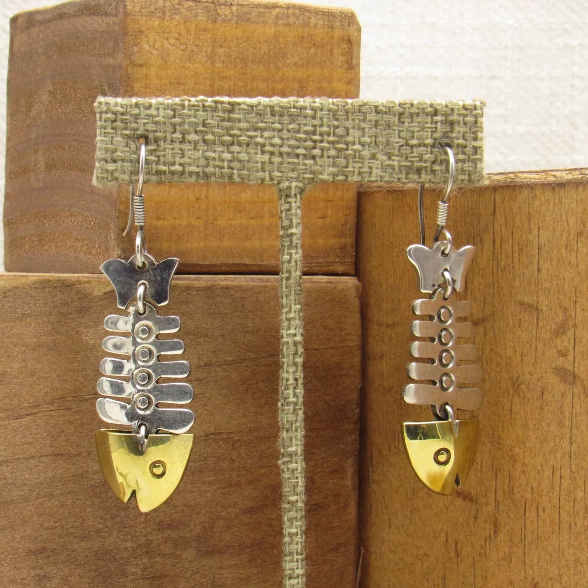 Sterling Silver Wire Dangle Fish Skeleton Earrings with Brass