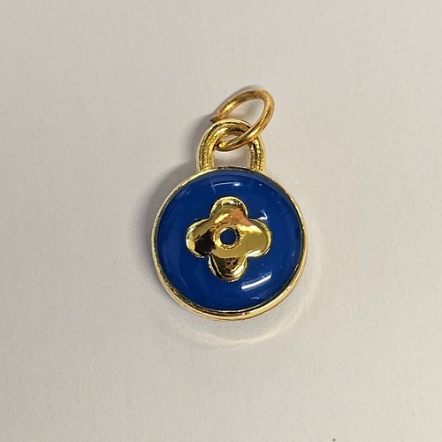 LV Round Blue Enamel Charm Gold Tone Floral Four Leaf Clover Pendant