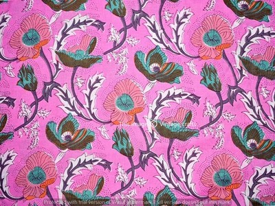 5 Yards Stoff Indisch Rosa Blumen Hand Blockdruck Baumwollstoff Nähen Stoffe