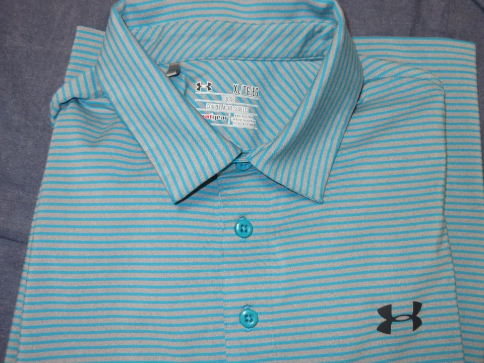 2 camisas polo masculinas estilo Under Armour -Tamanho XL - Listradas azuis e cinza manga comprida - Imagem 2 de 3