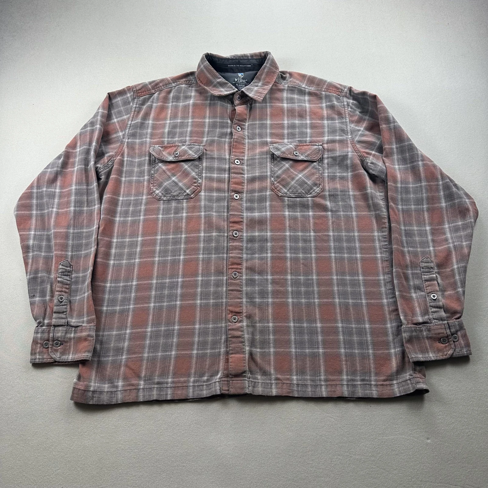 Kuhl Dillingr Flannel Shirt Mens XL Red Gray Plaid Button Up Long Sleeve Hiking