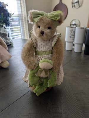 Bearington Beige Plush Bear in Polka Dot Dress with Green Bow Holding Plush Frog