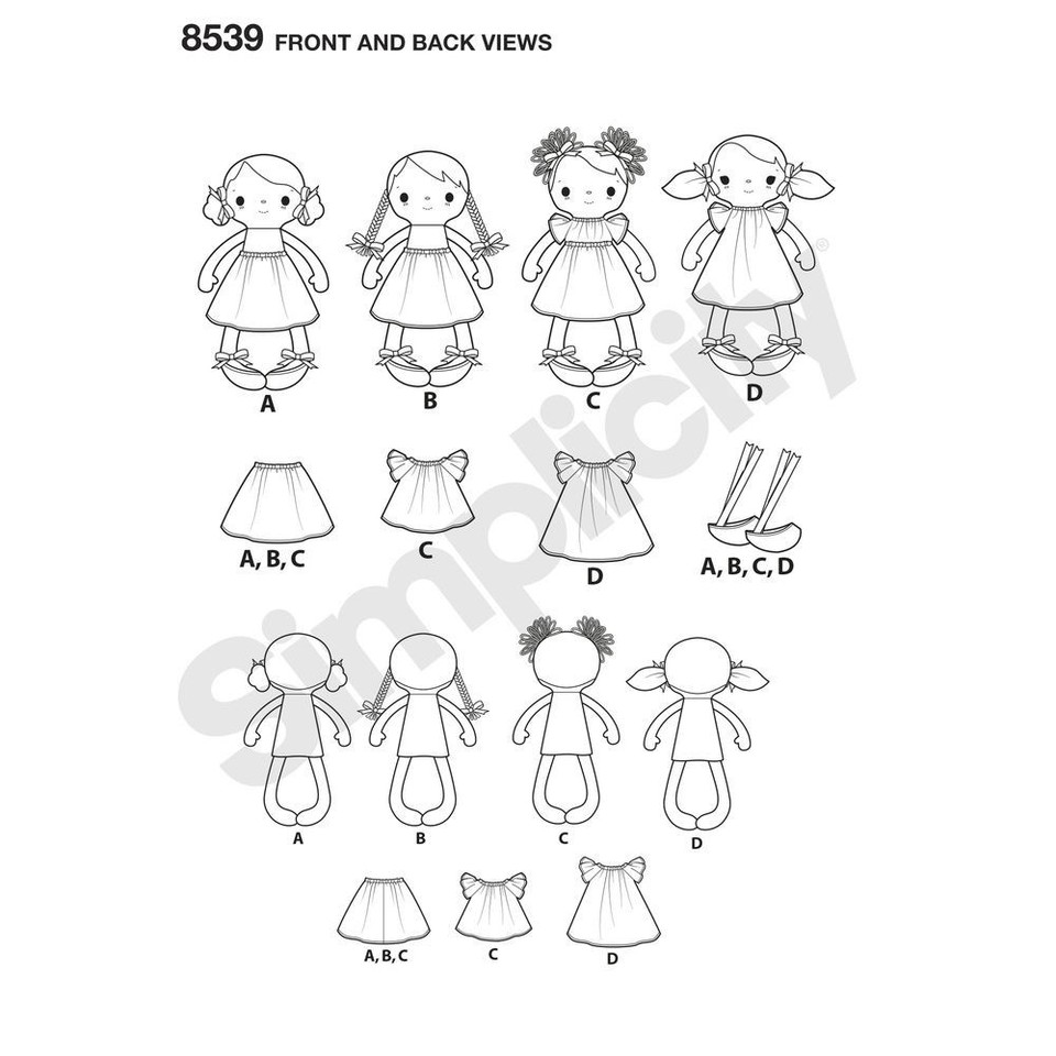 SIMPLICITY Sewing Pattern 8539 Girl's Toy Doll, Dress, Skirt, Shoes ...